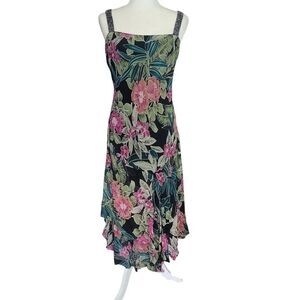 Bella Blue Vintage 90s Tropical Floral Rayon Maxi Dress Beaded Y2K Size 12